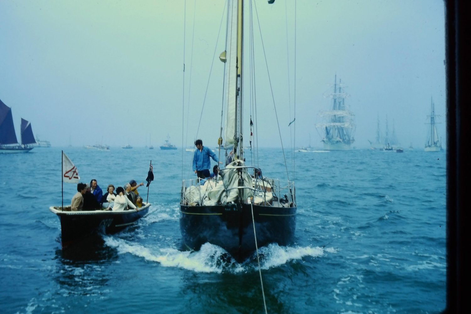 Uffa's last trip on the Solent, in Ankle Deep, to watch the start of the 1972 Tall Ships Race