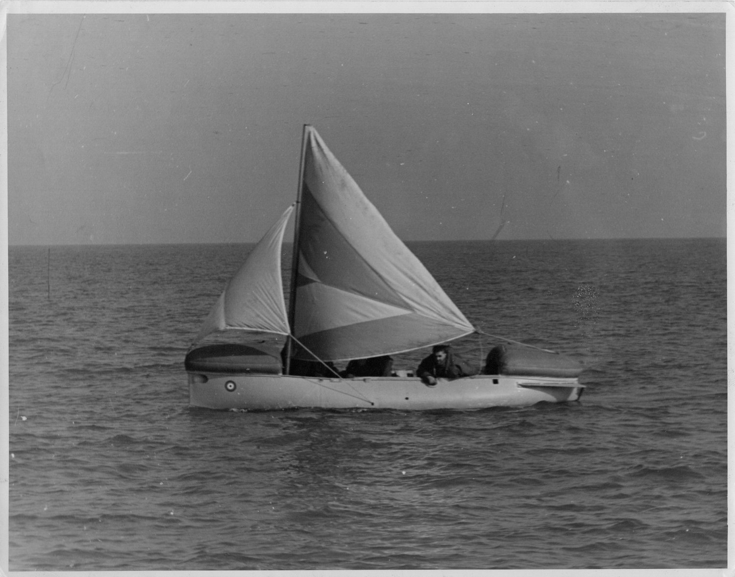 Uffa sailing the smallest version of the Airborne Lifeboat, the RN1